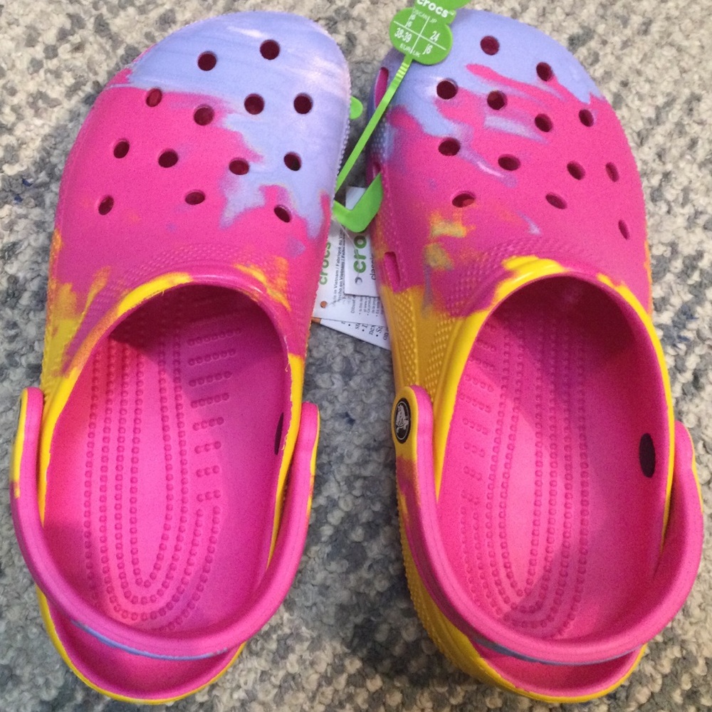 Crocs pink orange purple tie dye
